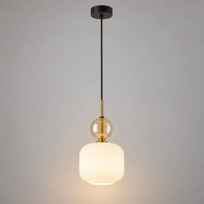 Suspension en verre strié blanc et globe ambré - Albeo