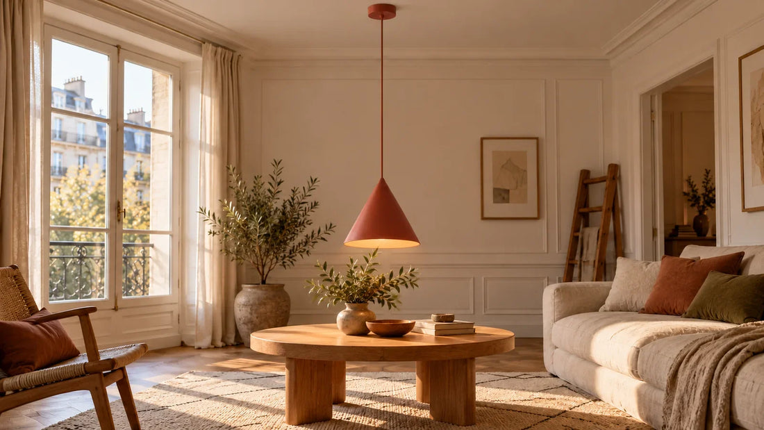 Suspension conique rouge brique accrochée au point de centre d'un salon, au-dessus d'une table basse en chêne