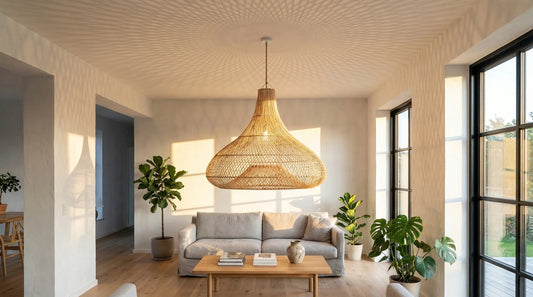 Lustre rotin salon ROSEAU suspendu dans intérieur scandinave lumière naturelle
