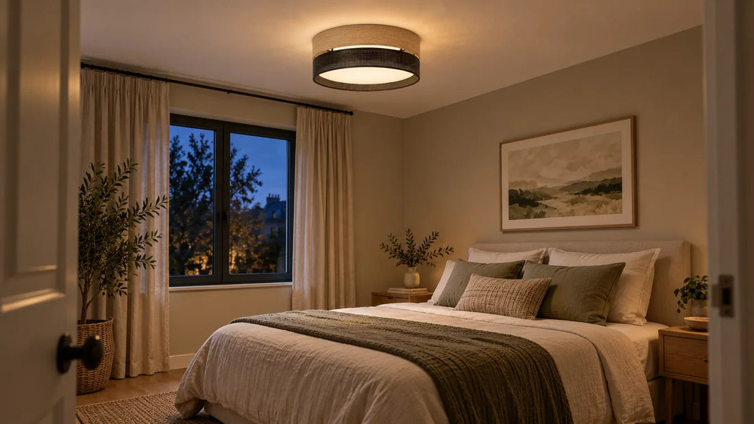 Plafonnier rond de 45 cm allumé au centre d'une chambre de 3 × 2,7 m, une taille adaptée à la pièce