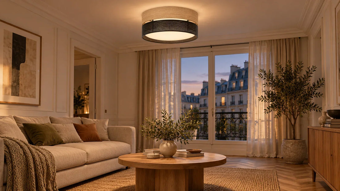 Plafonnier rond en tissu beige et métal noir allumé au plafond d'un petit salon le soir
