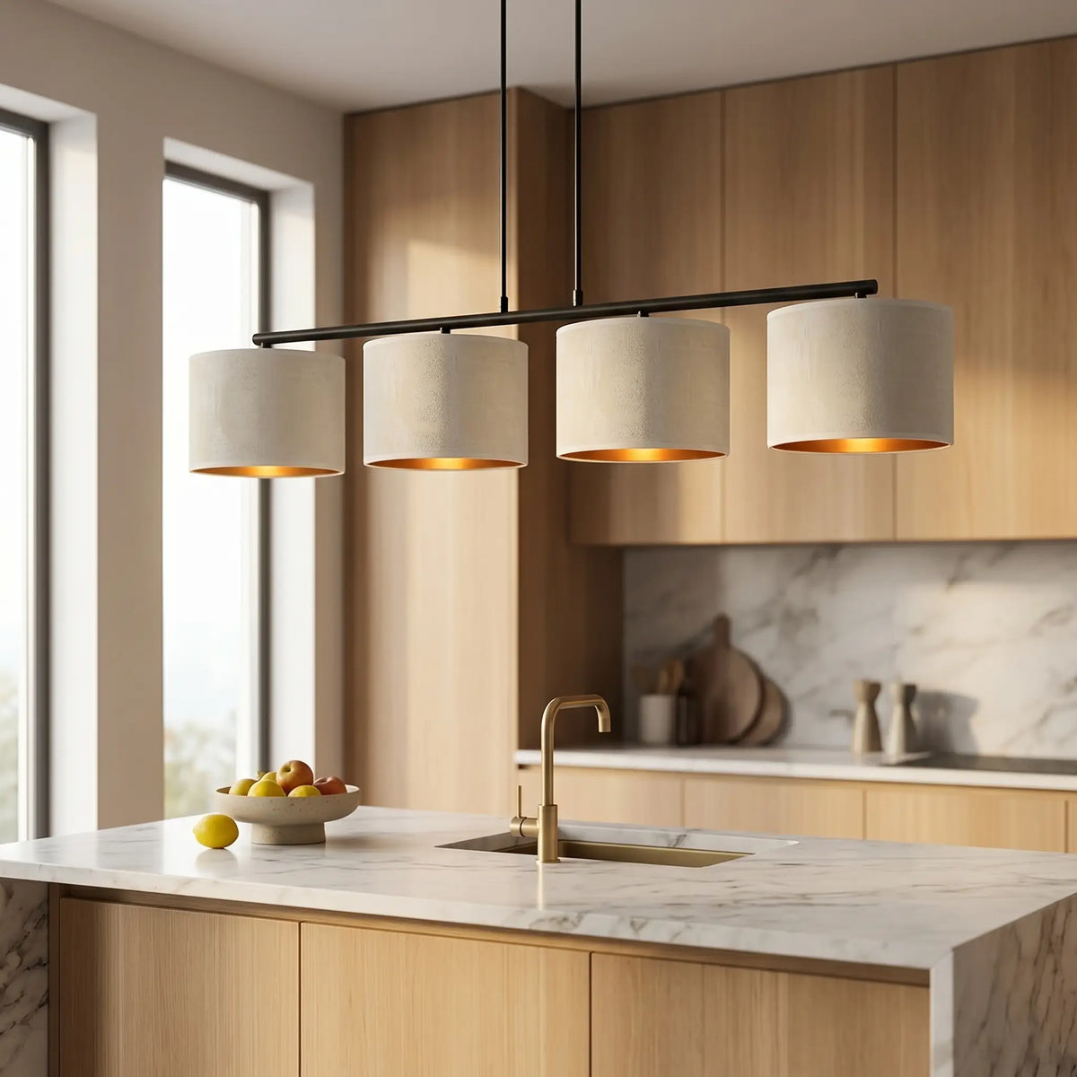 Luminaire cuisine rampe 4 feux au-dessus îlot marbre