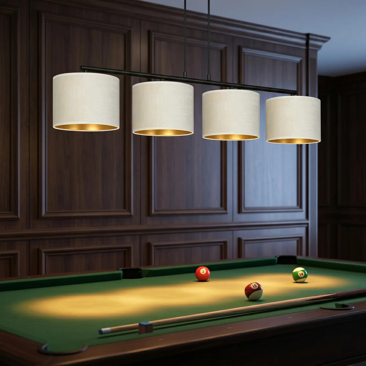 Lustre billard rampe noire 4 abat-jours tissu blanc