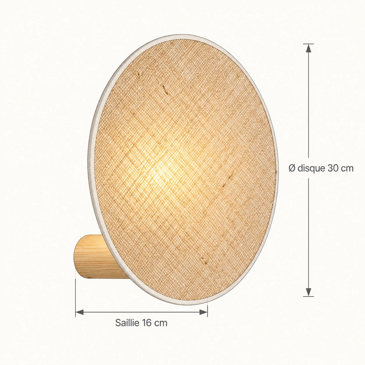 Schéma technique applique murale Lunea : diamètre du disque 30 cm et saillie 16 cm