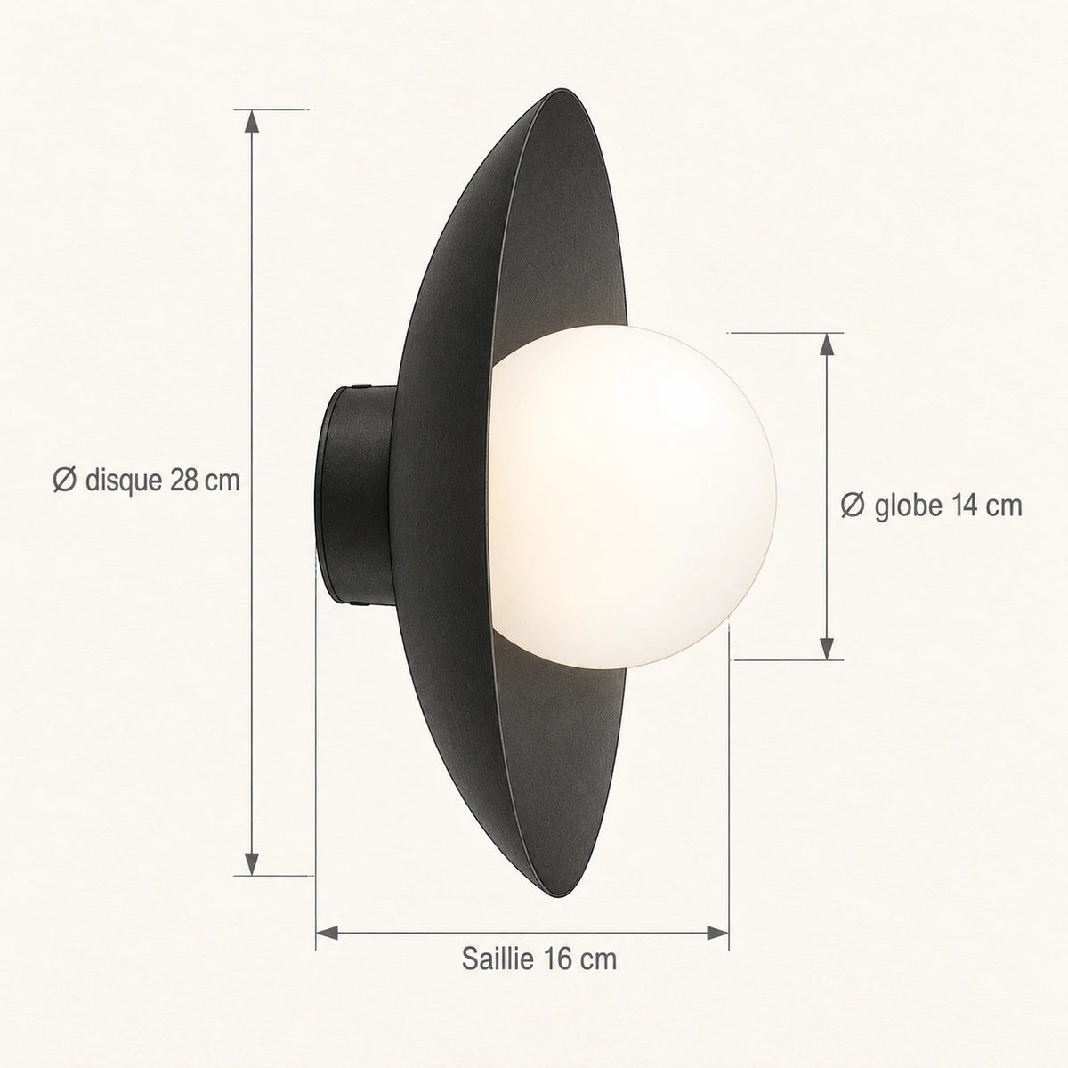 Schéma technique de l'applique disque : diamètre 28 cm, saillie 16 cm, globe 14 cm