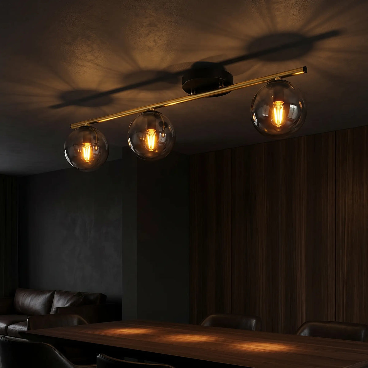 lustre billard allumé ambiance nuit dorée graphite