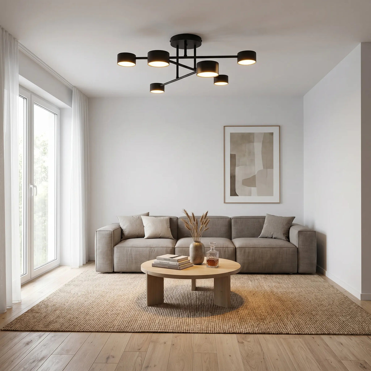 plafonnier noir mat 6 feux acier design salon moderne