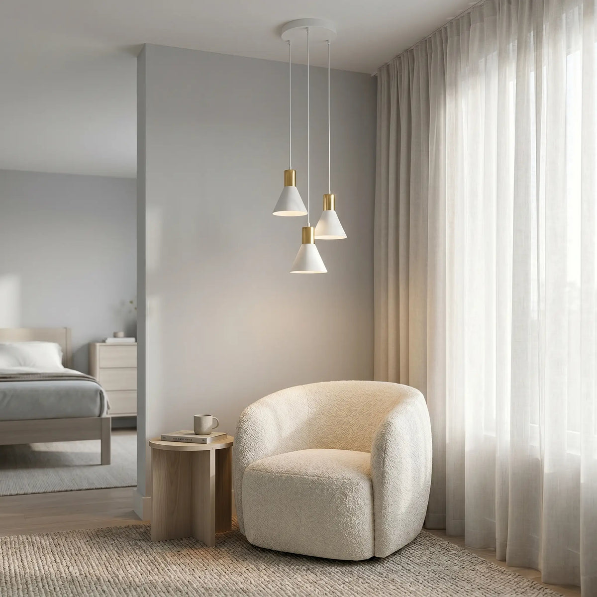 suspension trois têtes coniques blanc doré chambre moderne