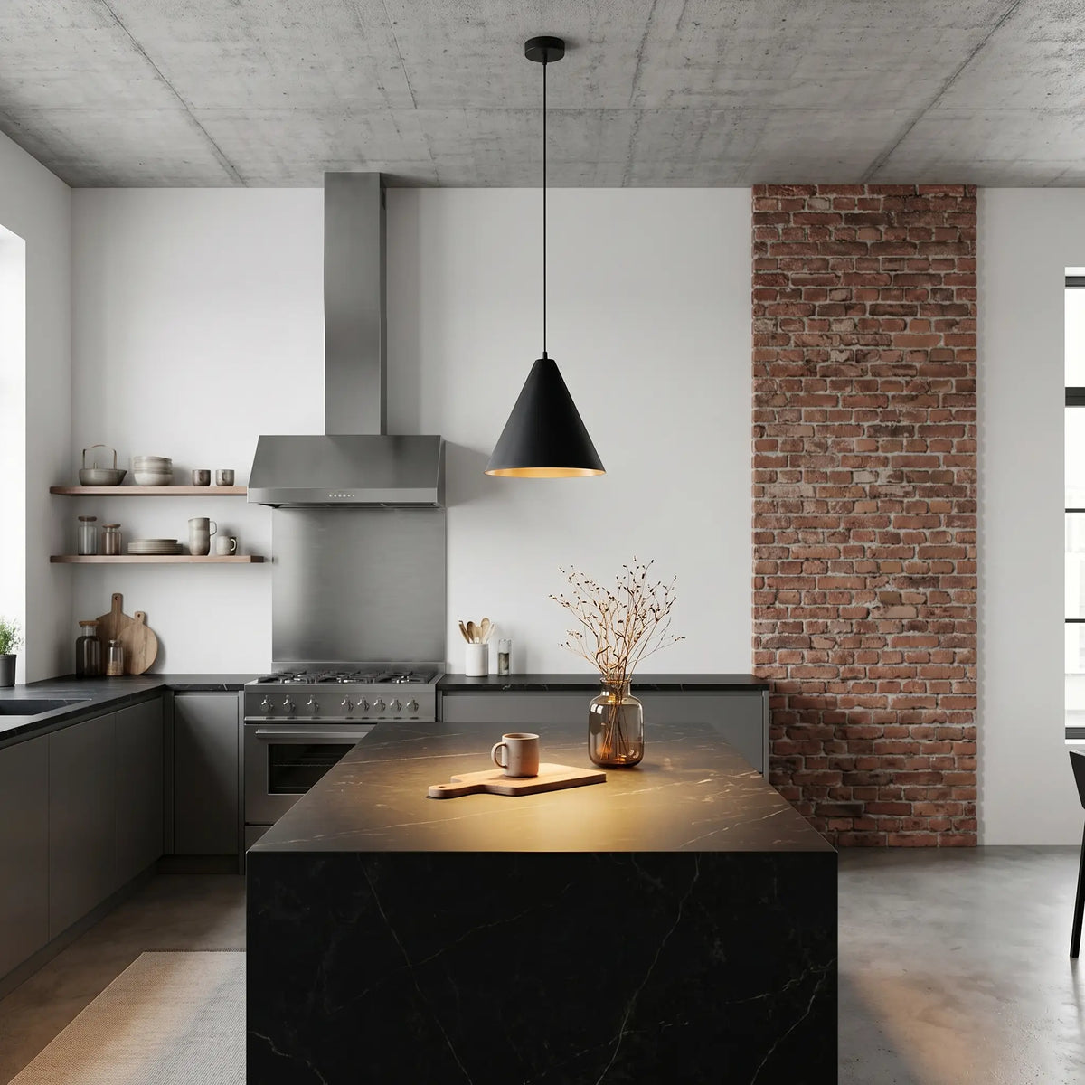 plafonnier acier noir interieur doré design cuisine industrielle