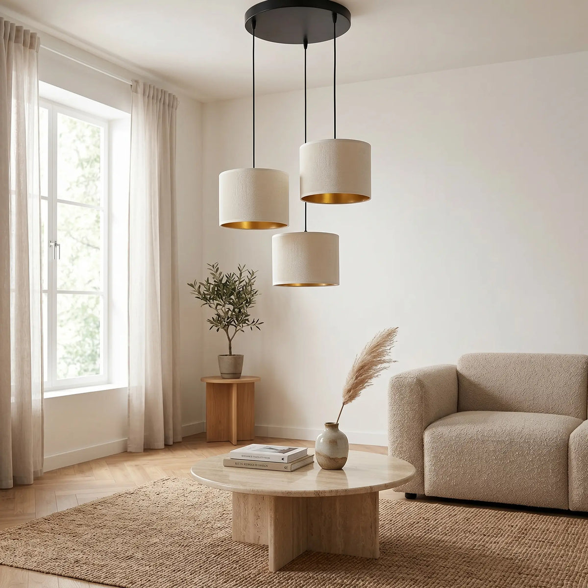 Lustre DORÉ salon scandinave canapé bouclé beige