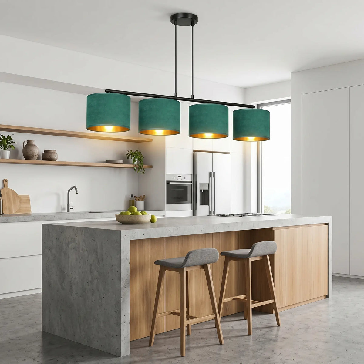 lustre cuisine rampe velours vert îlot cuisine ouverte