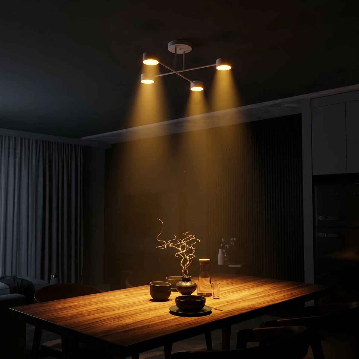 suspension scandinave lumière ambrée nuit spots GX53 allumés