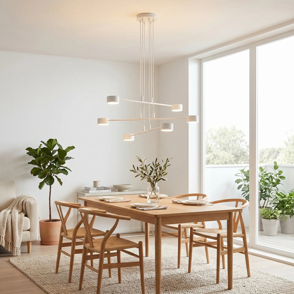 lustre design salon scandinave blanc suspension 6 feux