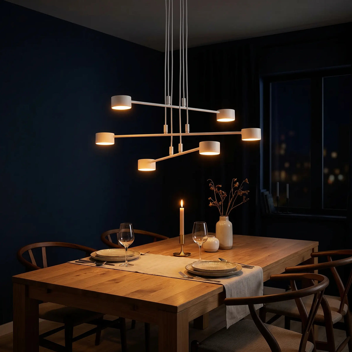 lustre blanc allumé lumière chaude ambrée suspension