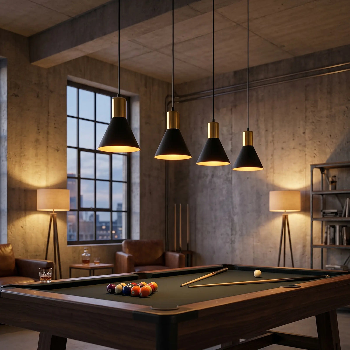 Suspension FILA – Lustre or acier noir salle billard