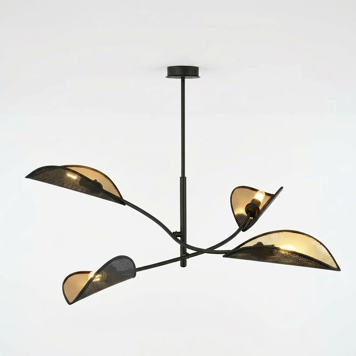 plafonnier flore 4 bras acier noir tissu doré