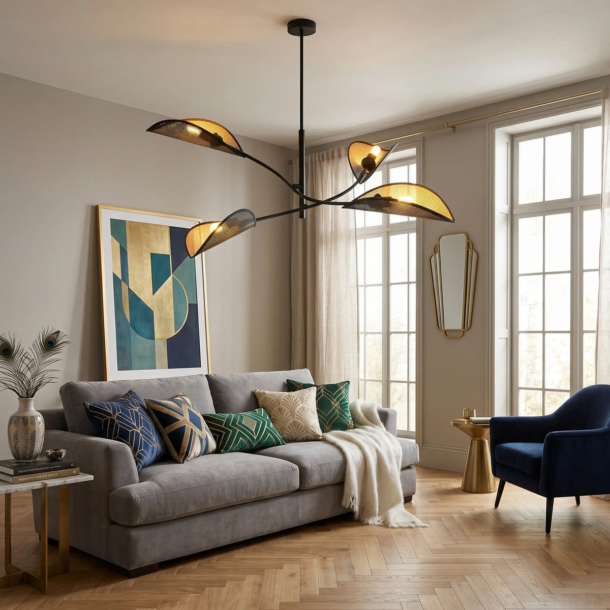 plafonnier flore 4 bras acier noir tissu doré salon moderne