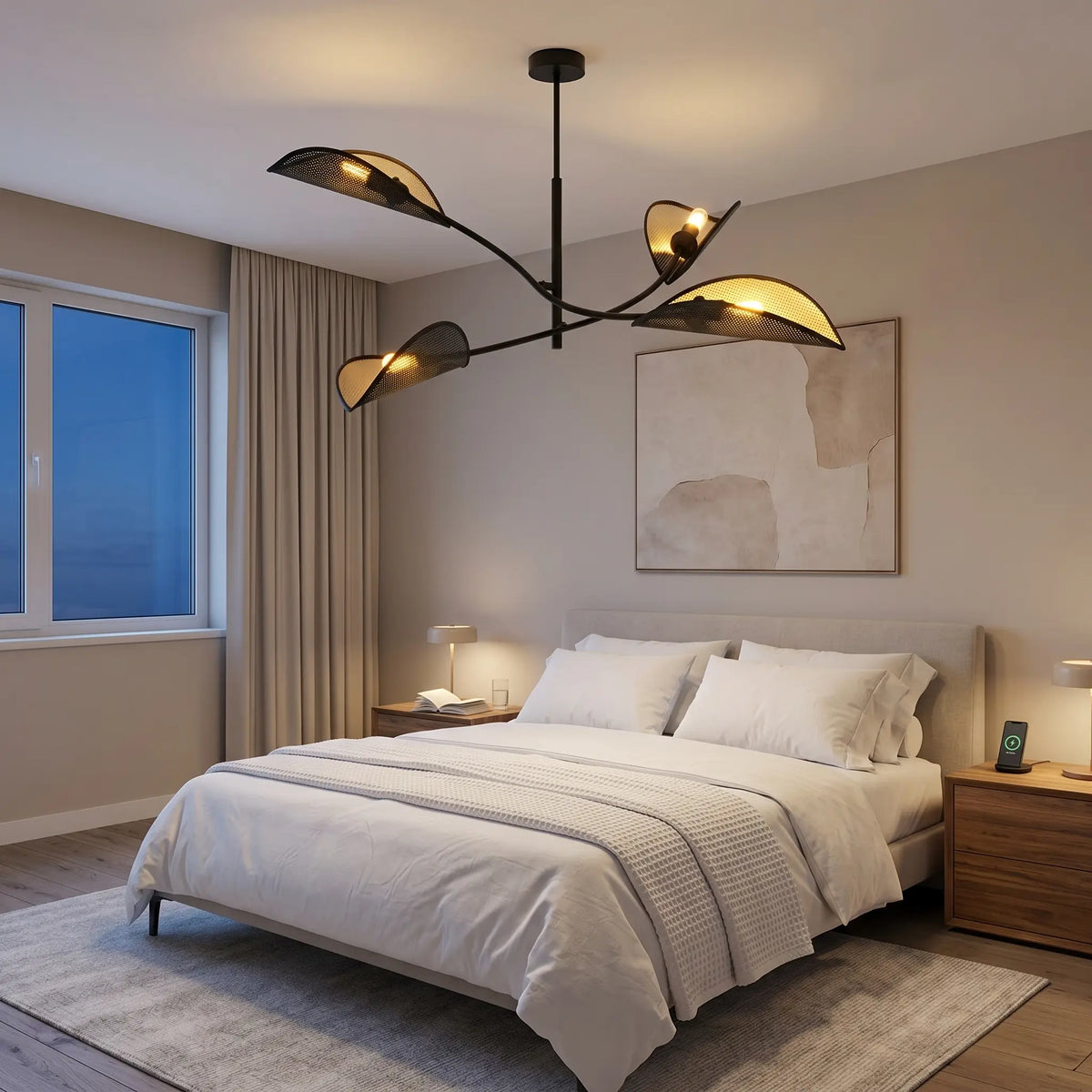plafonnier flore 4 bras acier noir tissu doré chambre moderne