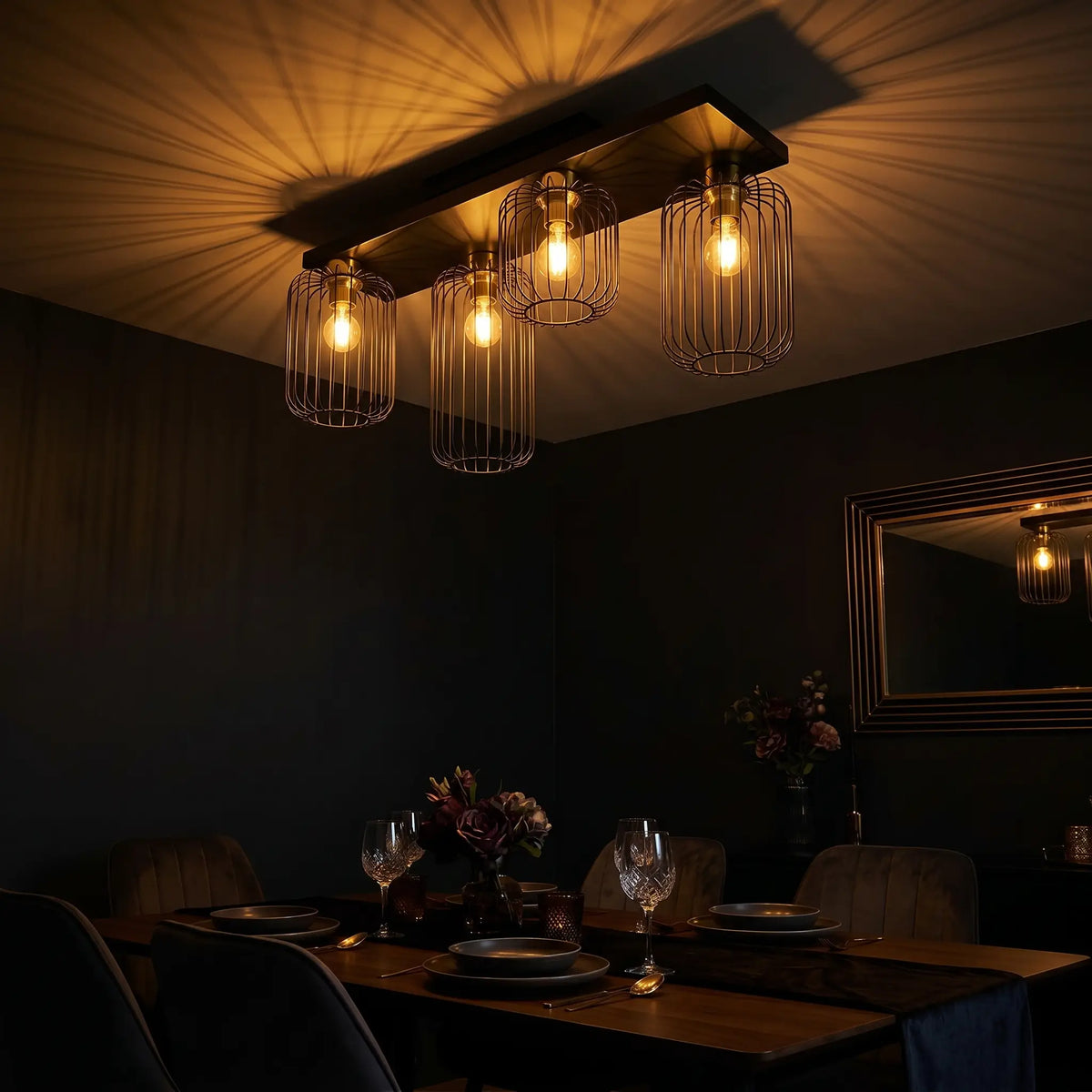 lustre design salon grille acier ambiance nocturne