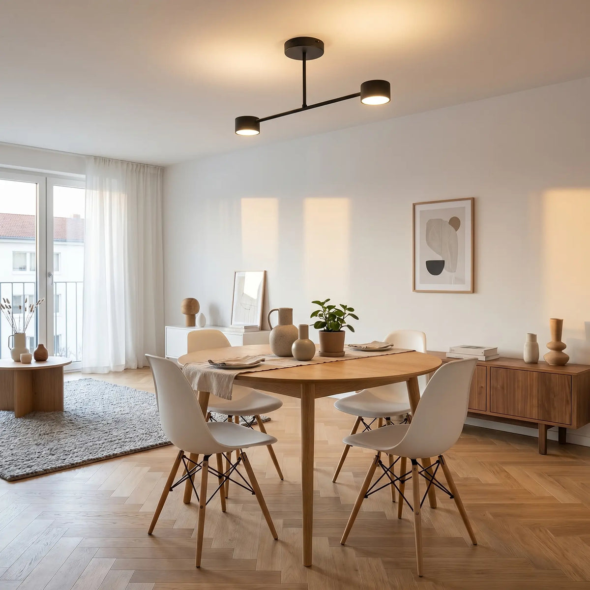 plafonnier noir scandinave au-dessus table salon