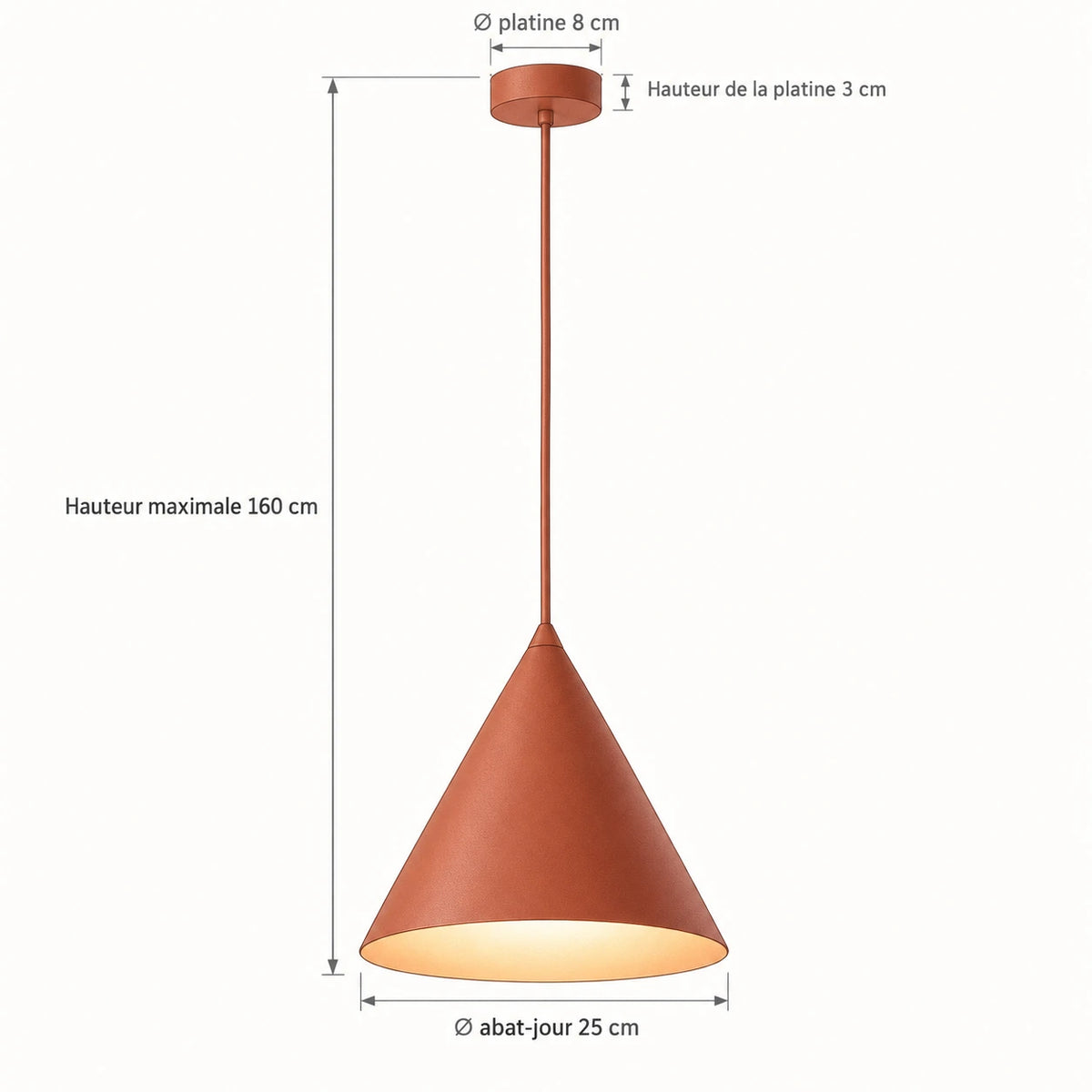 Schéma technique de la suspension conique avec diamètre, platine et hauteur maximale cotés