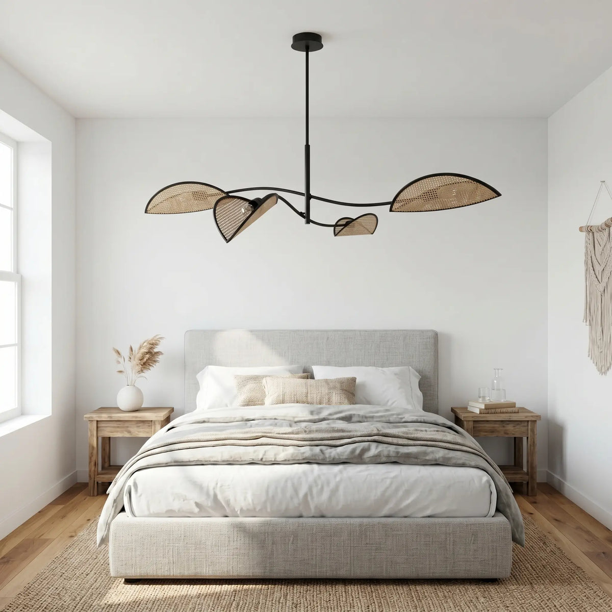 lustre rotin chambre cosy LIANE au-dessus lit naturel