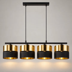 Lustre billard noir et doré AURIA, barre et quatre abat-jour tambour allumés