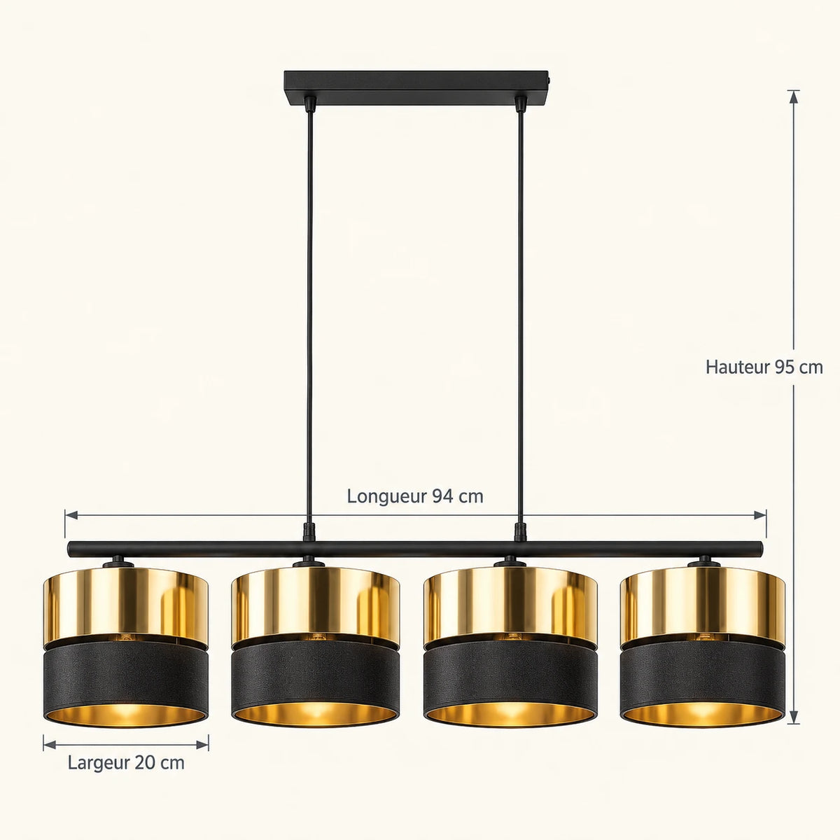 Schéma technique du lustre AURIA avec longueur, largeur et hauteur en centimètres