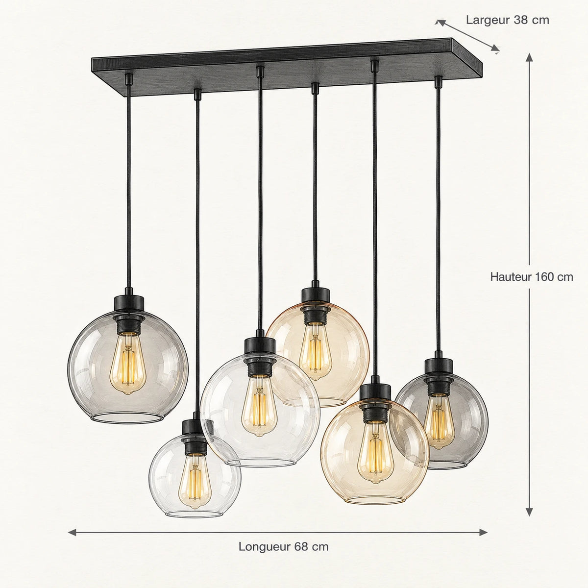 Schéma technique du lustre Orive : longueur 68 cm, largeur 38 cm, hauteur 160 cm