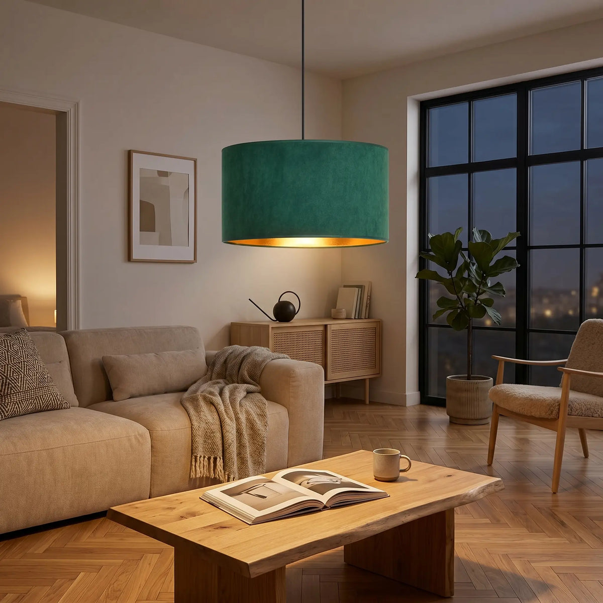 lustre velours vert salon scandinave ambiance chaleureuse