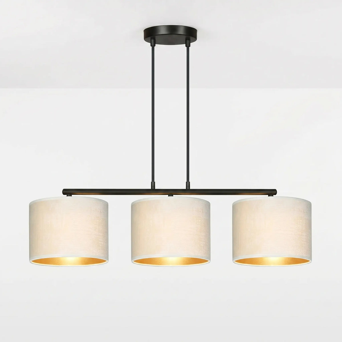 suspension 3 feux tissu blanc intérieur doré luminaire cuisine