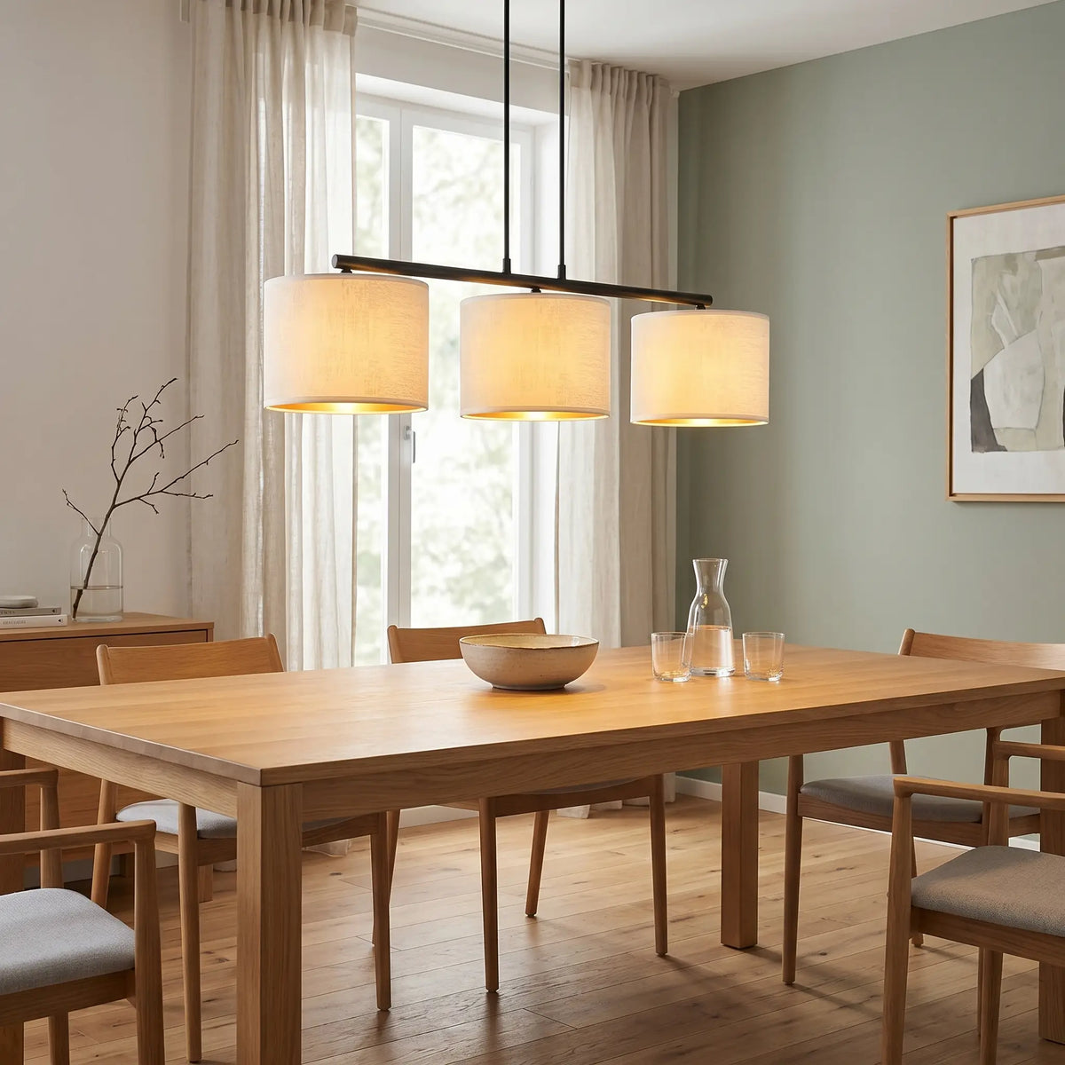 suspension 3 feux salle à manger table bois style scandinave