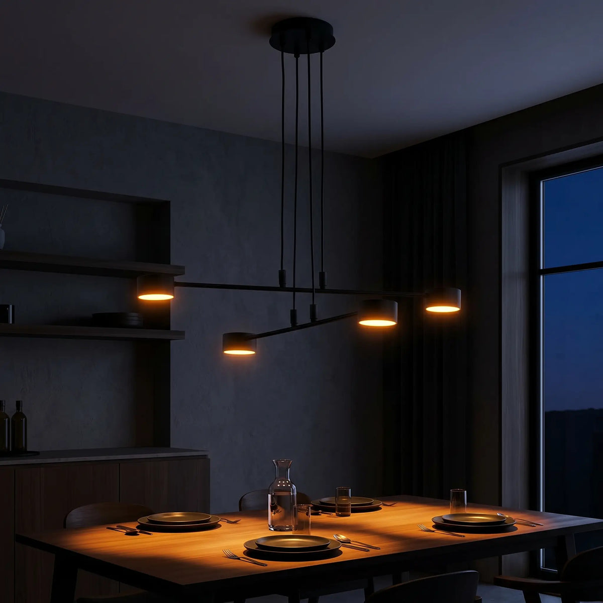 Lustre design salon acier noir mat 4 feux NOCTE ambiance nocturne
