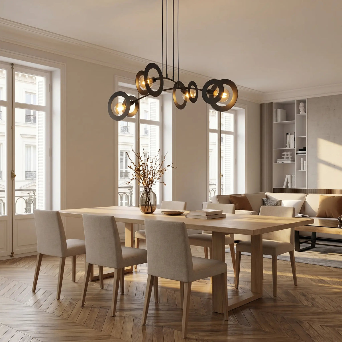 lustre design salon 4 feux acier noir disques salle manger