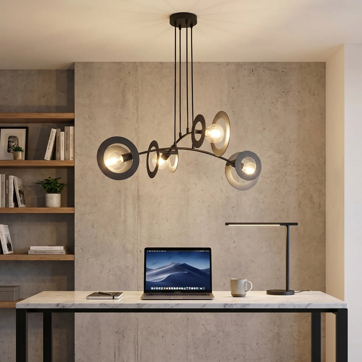 lustre design salon 4 feux acier noir disques bureau moderne