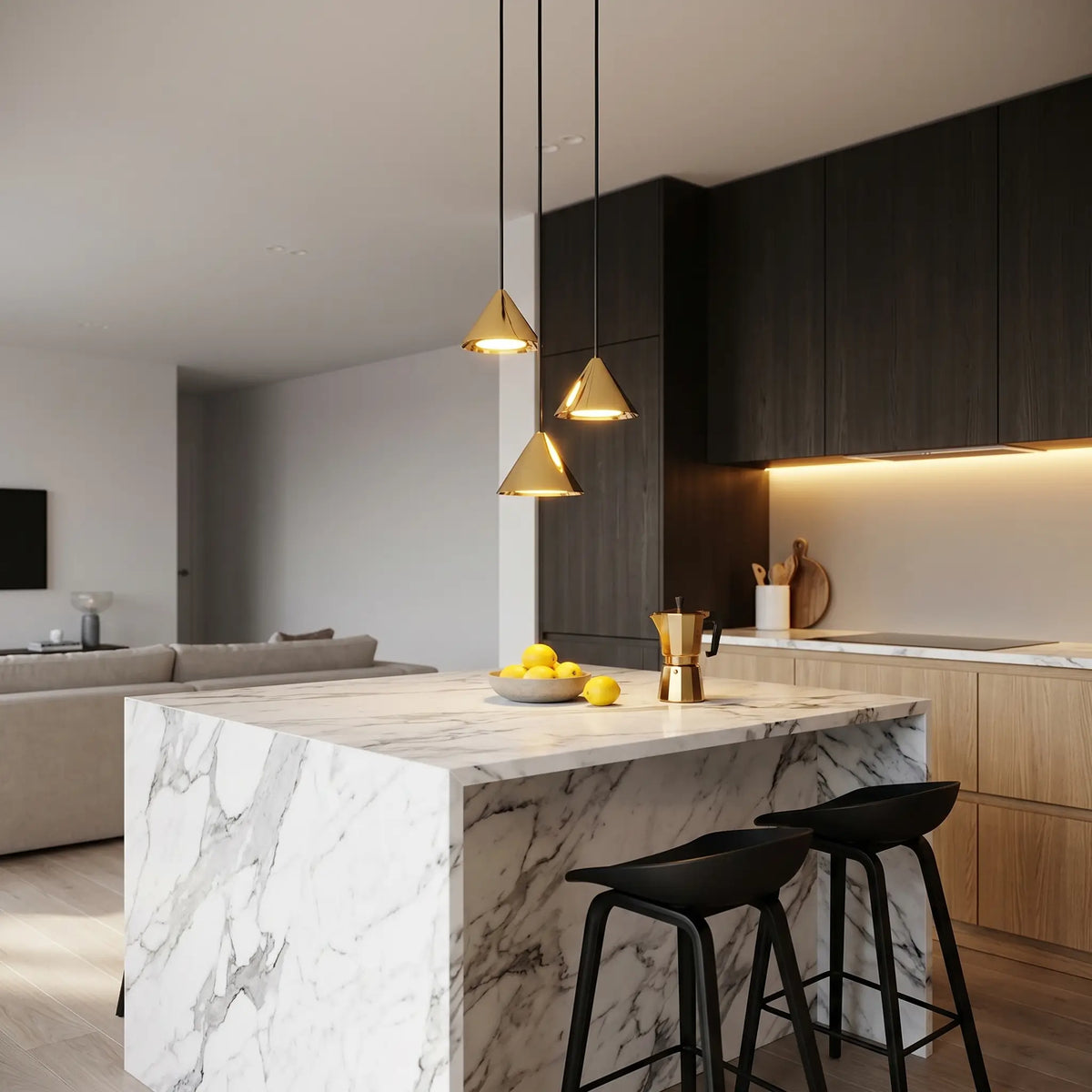 lustre industriel tri feux conique or cuisine moderne