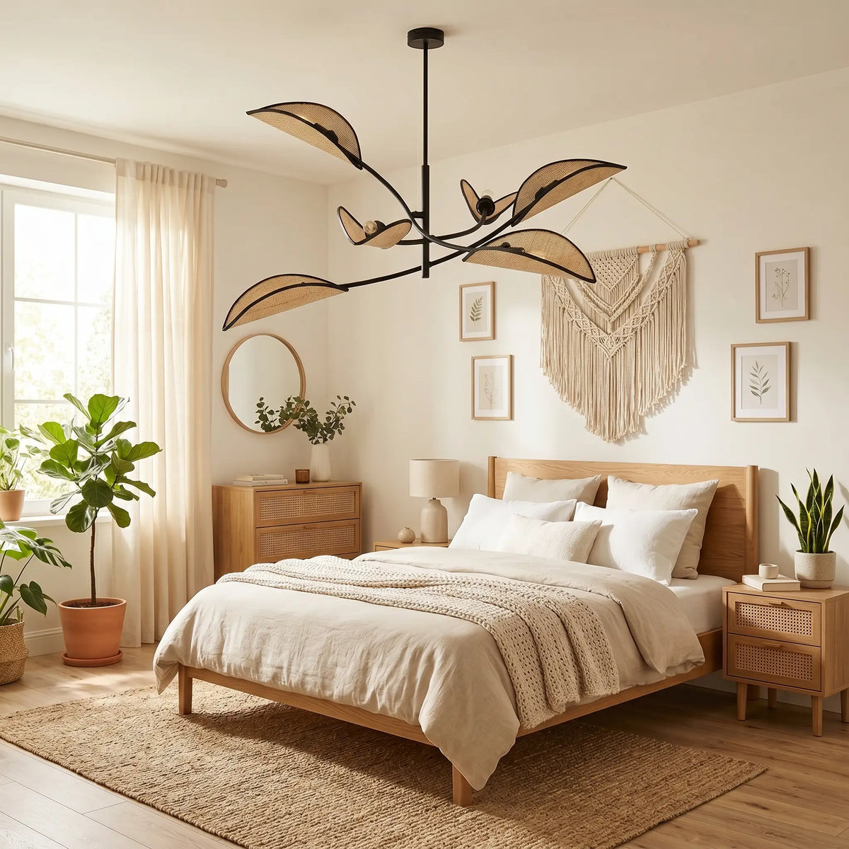 chambre scandinave lustre rotin PALME six feuilles symétrique