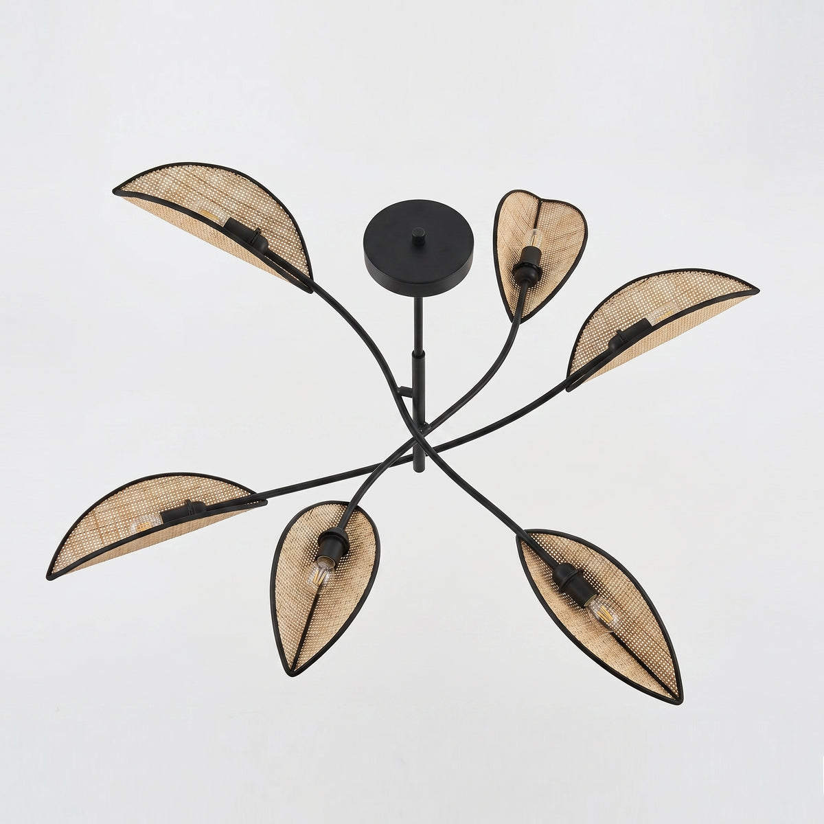 vue du dessus lustre rotin PALME six feuilles symétrique