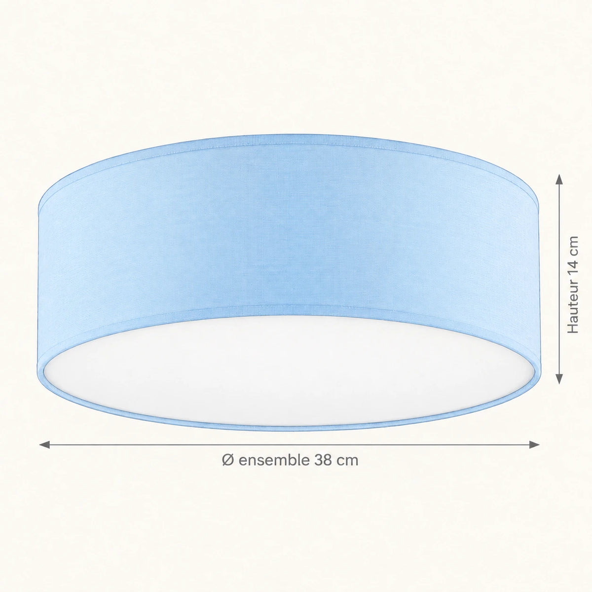 Schéma technique du plafonnier tambour : diamètre de l'ensemble 38 cm, hauteur 14 cm
