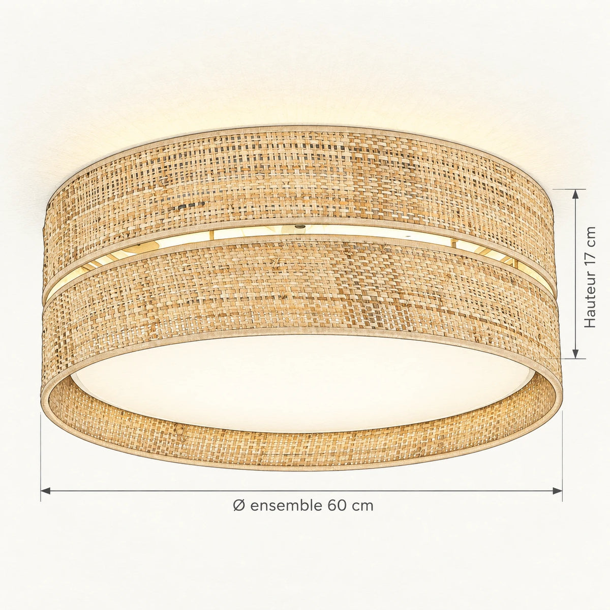 Schéma technique 60 cm : plafonnier en raphia, diamètre 60 cm et hauteur 17 cm