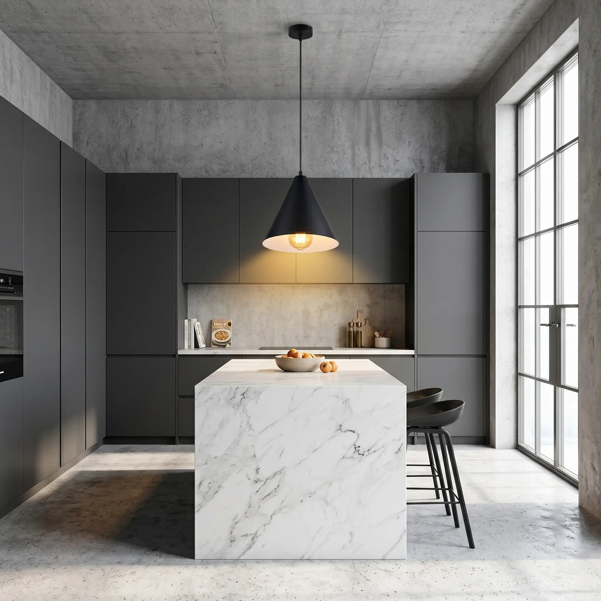 suspension rivet noire mate lustre industriel fond cuisine moderne
