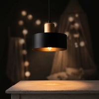 Suspension Cylindre Noir Bois Salon
