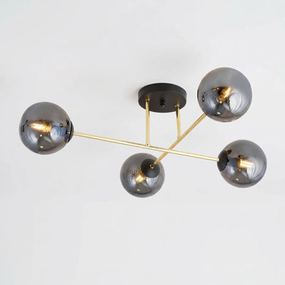 Plafonnier 4 Globes Verre Fumé Doré