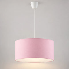 Suspension enfant en tissu, abat-jour tambour pastel allumé sur fond neutre clair