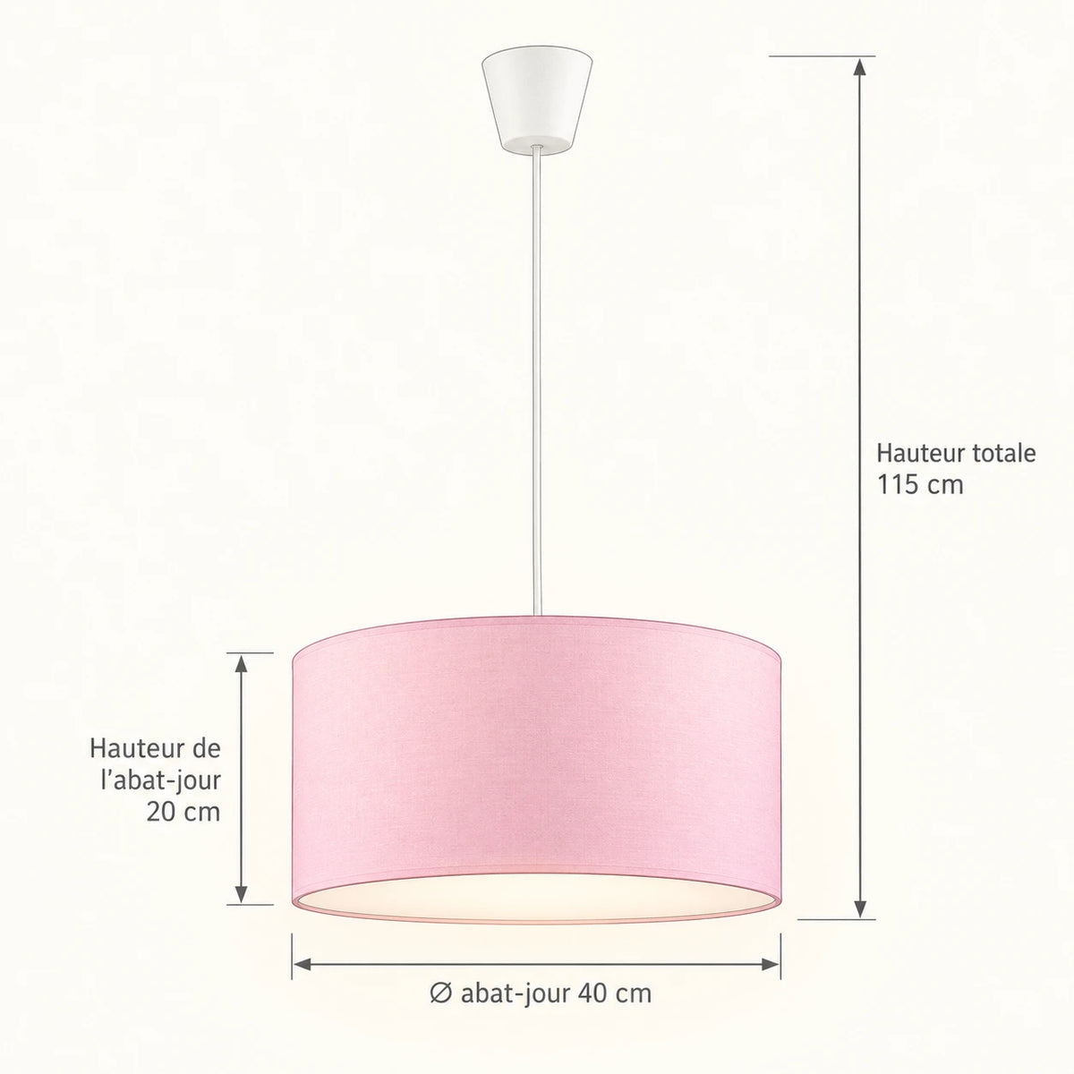 Schéma technique de la suspension : diamètre de l'abat-jour, hauteur et hauteur totale