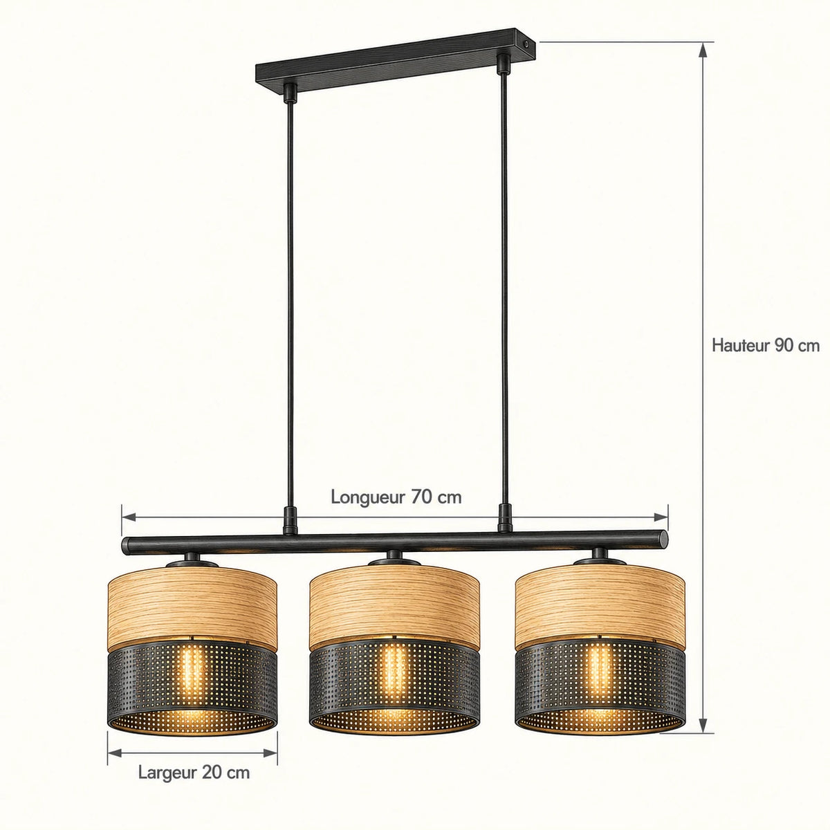 Schéma technique suspension TRIOLA : longueur 70 cm, largeur 20 cm et hauteur 90 cm