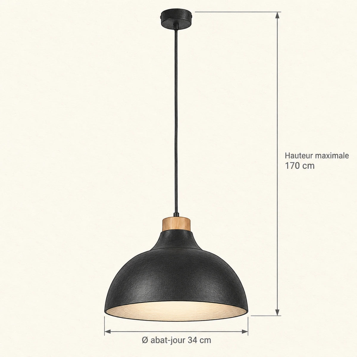 Schéma technique de la suspension Torvel avec diamètre de l'abat-jour et hauteur maximale