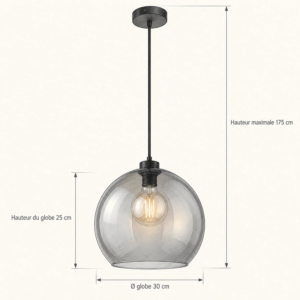 Schéma technique de la suspension : globe de 30 cm, hauteur maximale de 175 cm