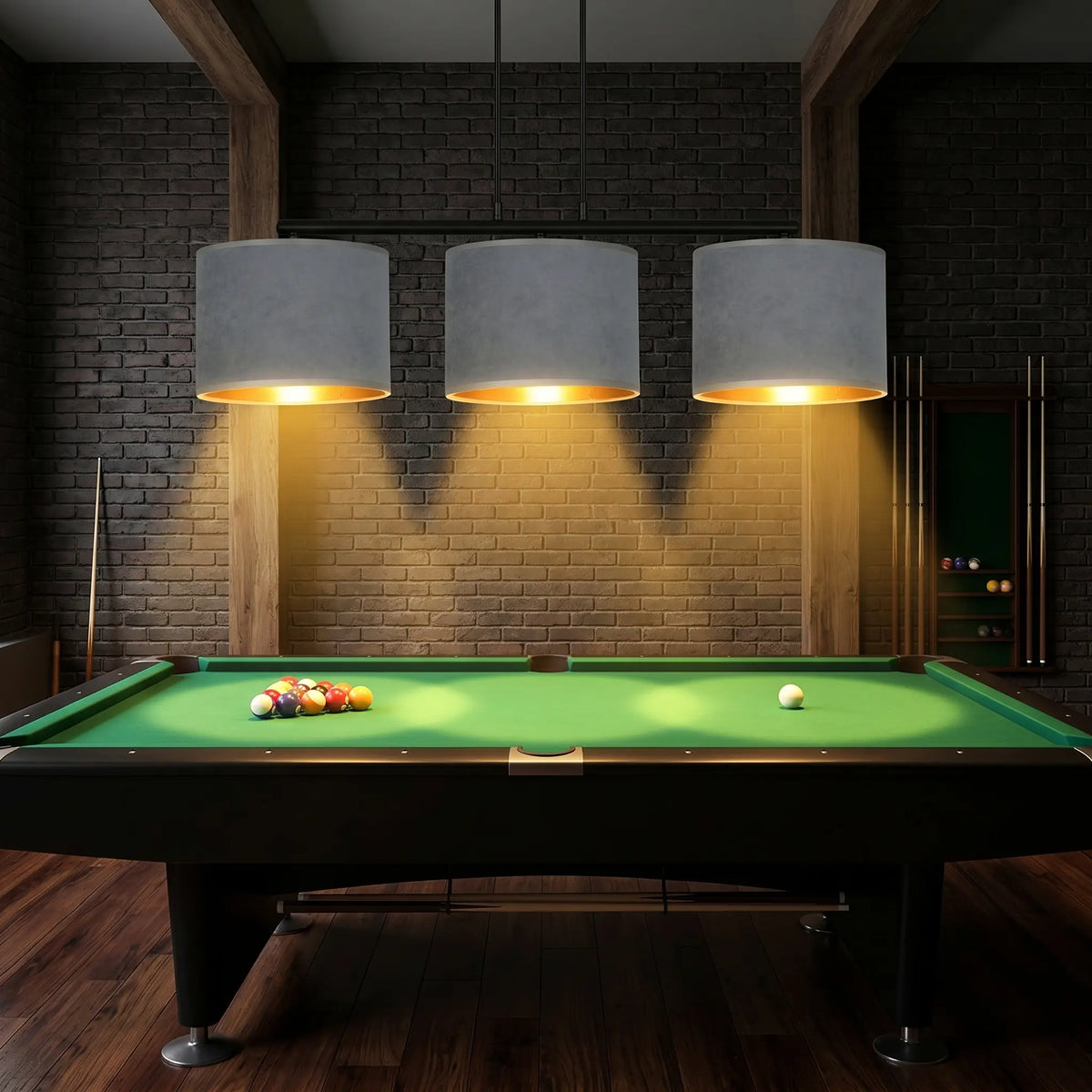 lustre billard 3 feux velours gris salle