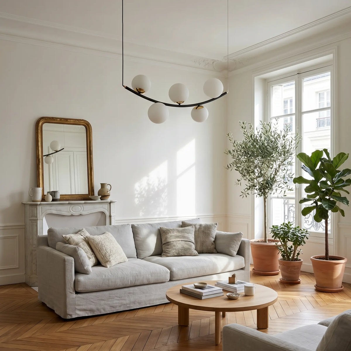 lustre design salon arc acier noir globes opale blanc salon moderne